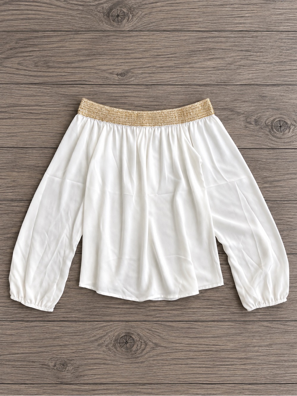 a'gaci White Off-Shoulder Blouse with Gold Smocked Neckline